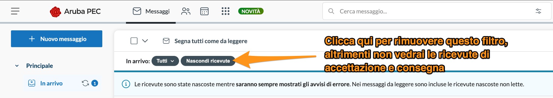 Disattivazione del filtro Nascondi ricevute nella webmail Aruba PEC