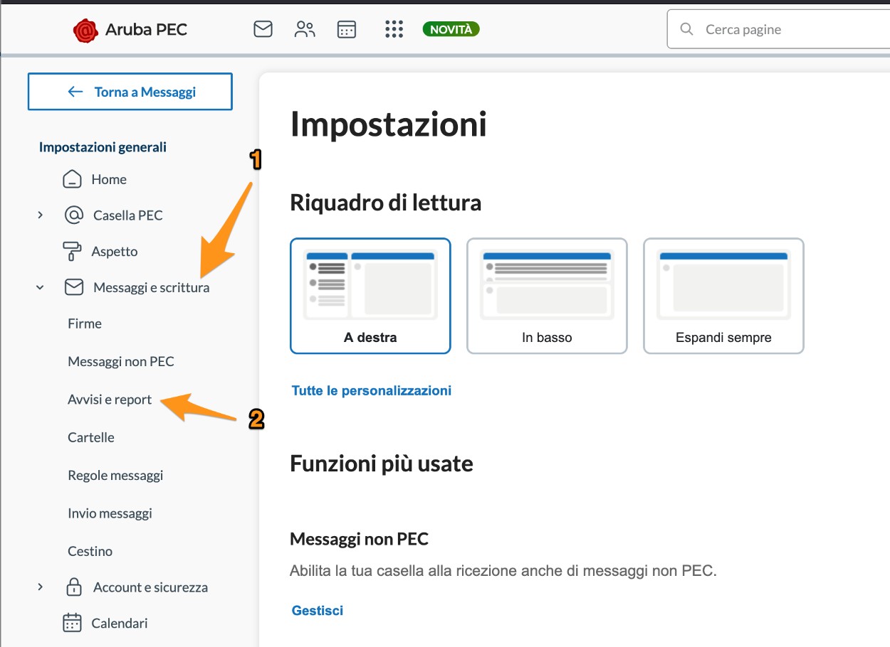 Sezione Avvisi e report nelle impostazioni Aruba PEC