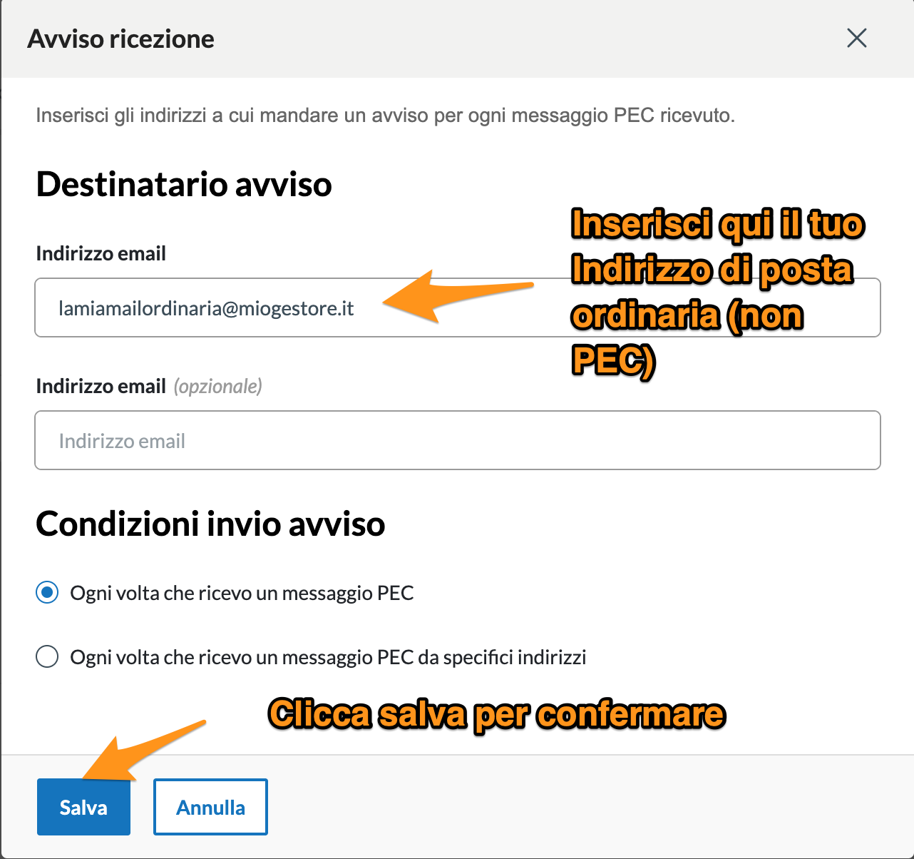 Configurazione del destinatario dell’avviso