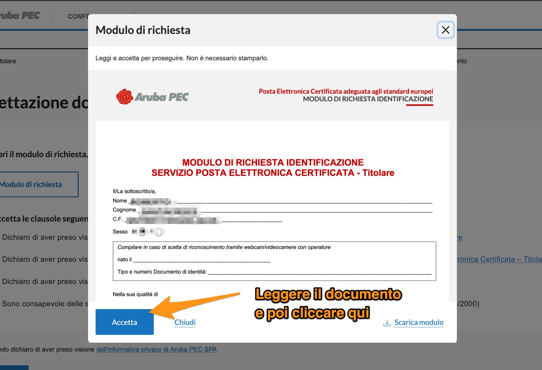 Apertura e lettura del modulo di richiesta