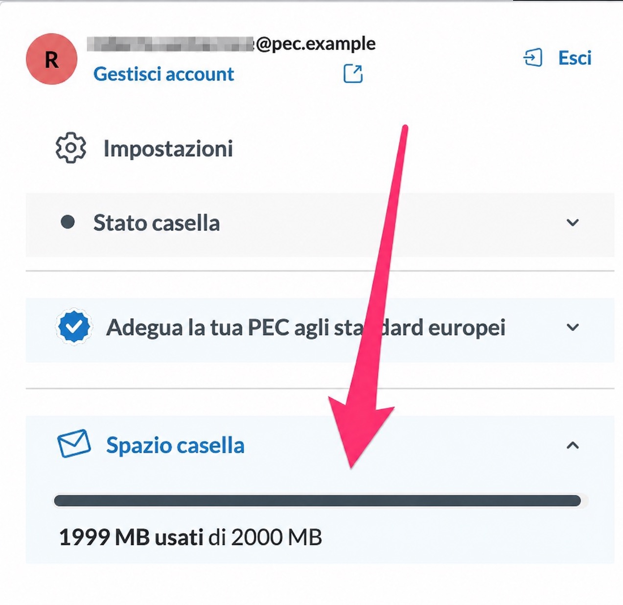 Indicatore dello spazio occupato nella casella PEC