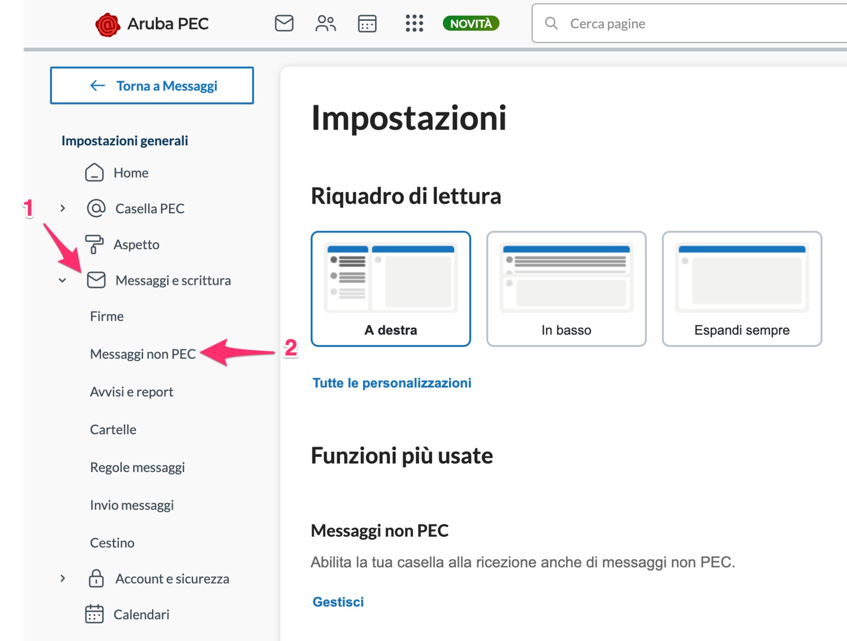 Sezione Messaggi non PEC nelle impostazioni