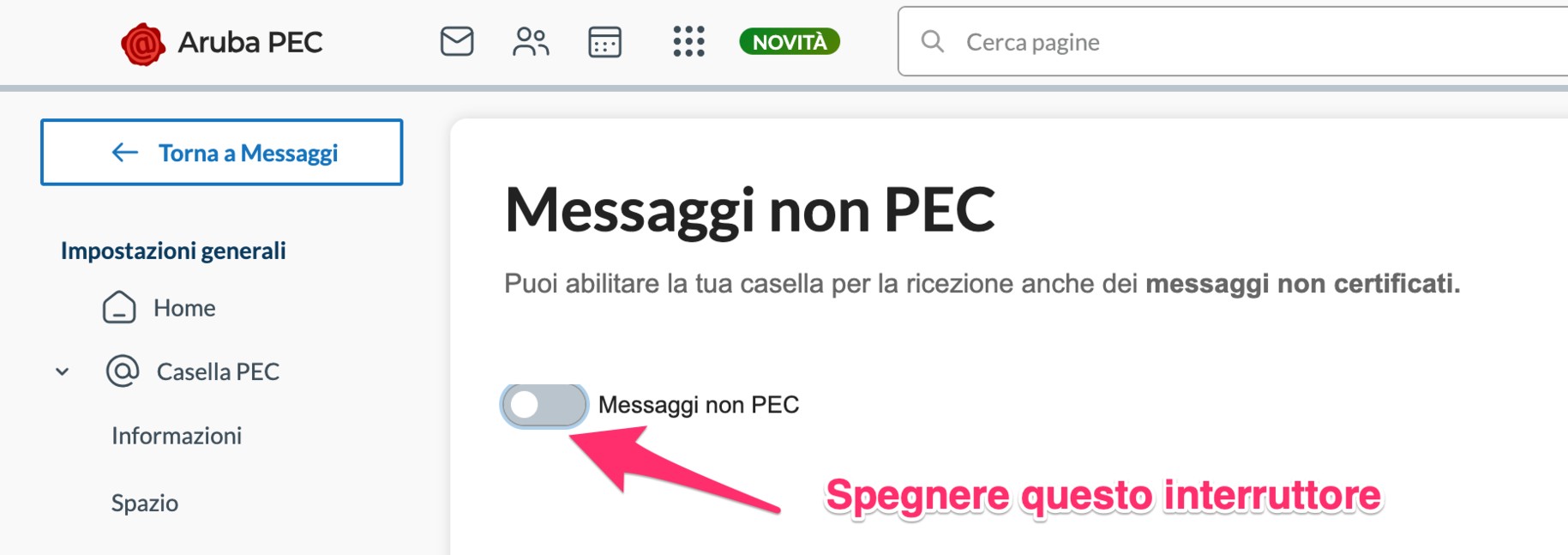Interruttore per la ricezione dei messaggi non PEC