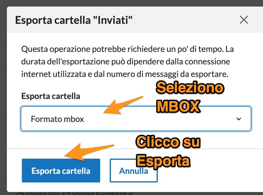 Scelta del formato MBOX per l’esportazione