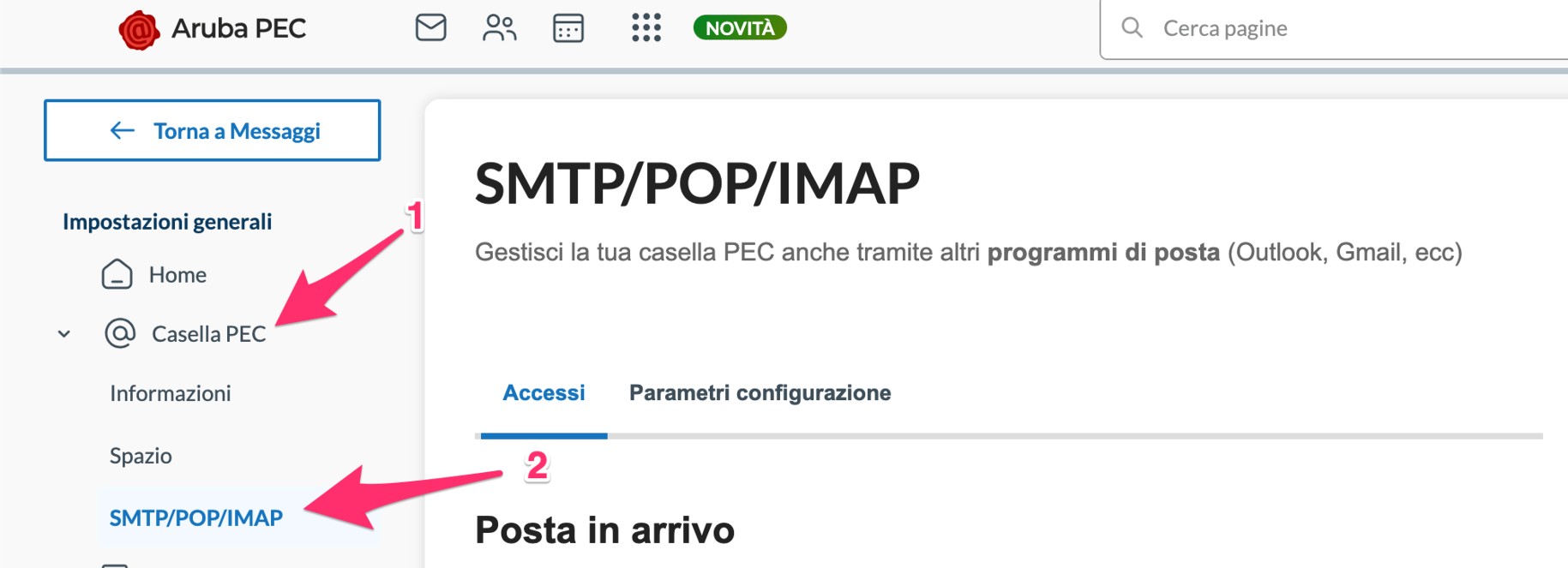 Accesso alle impostazioni SMTP POP e IMAP