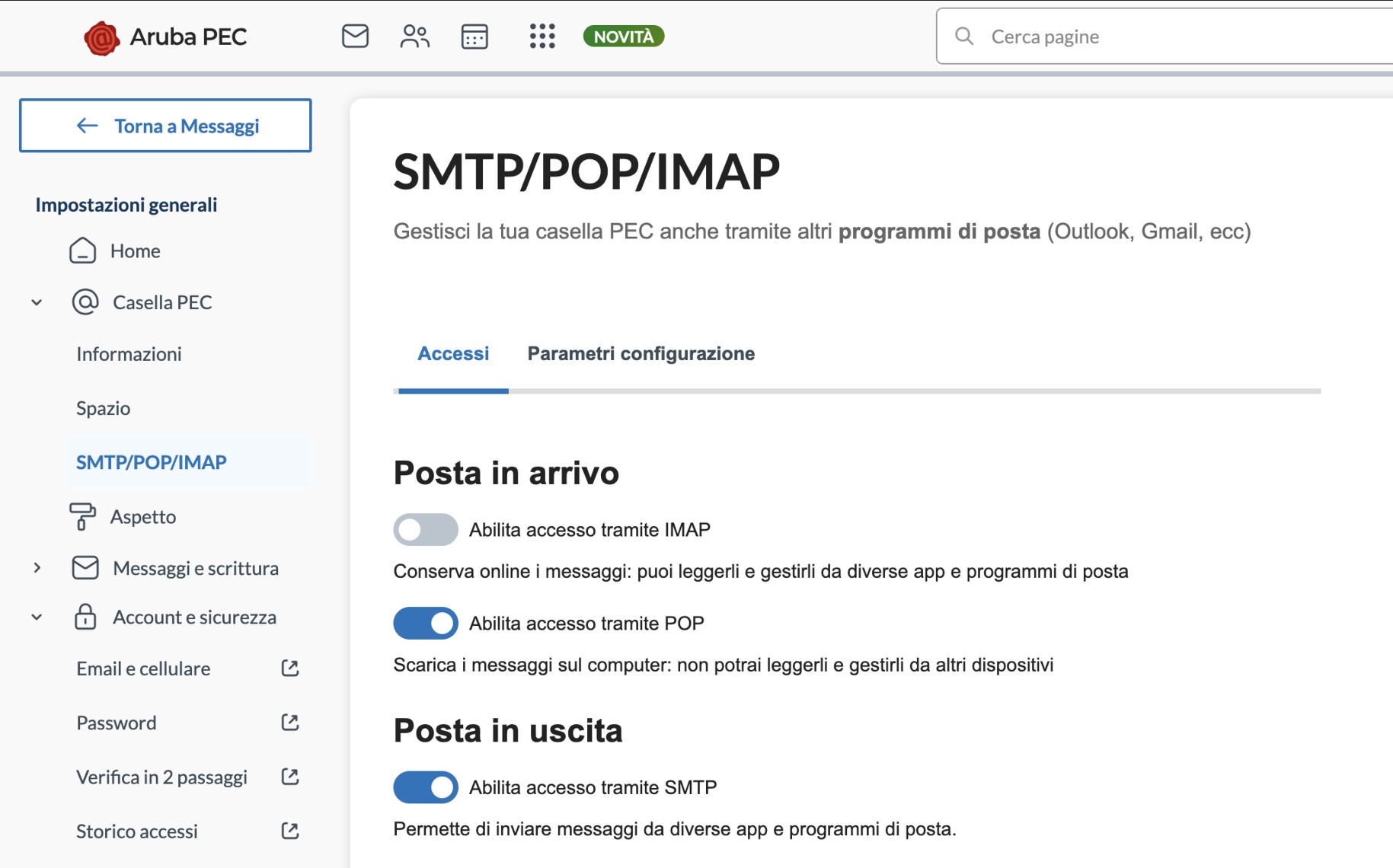 Abilitazione degli accessi POP e SMTP