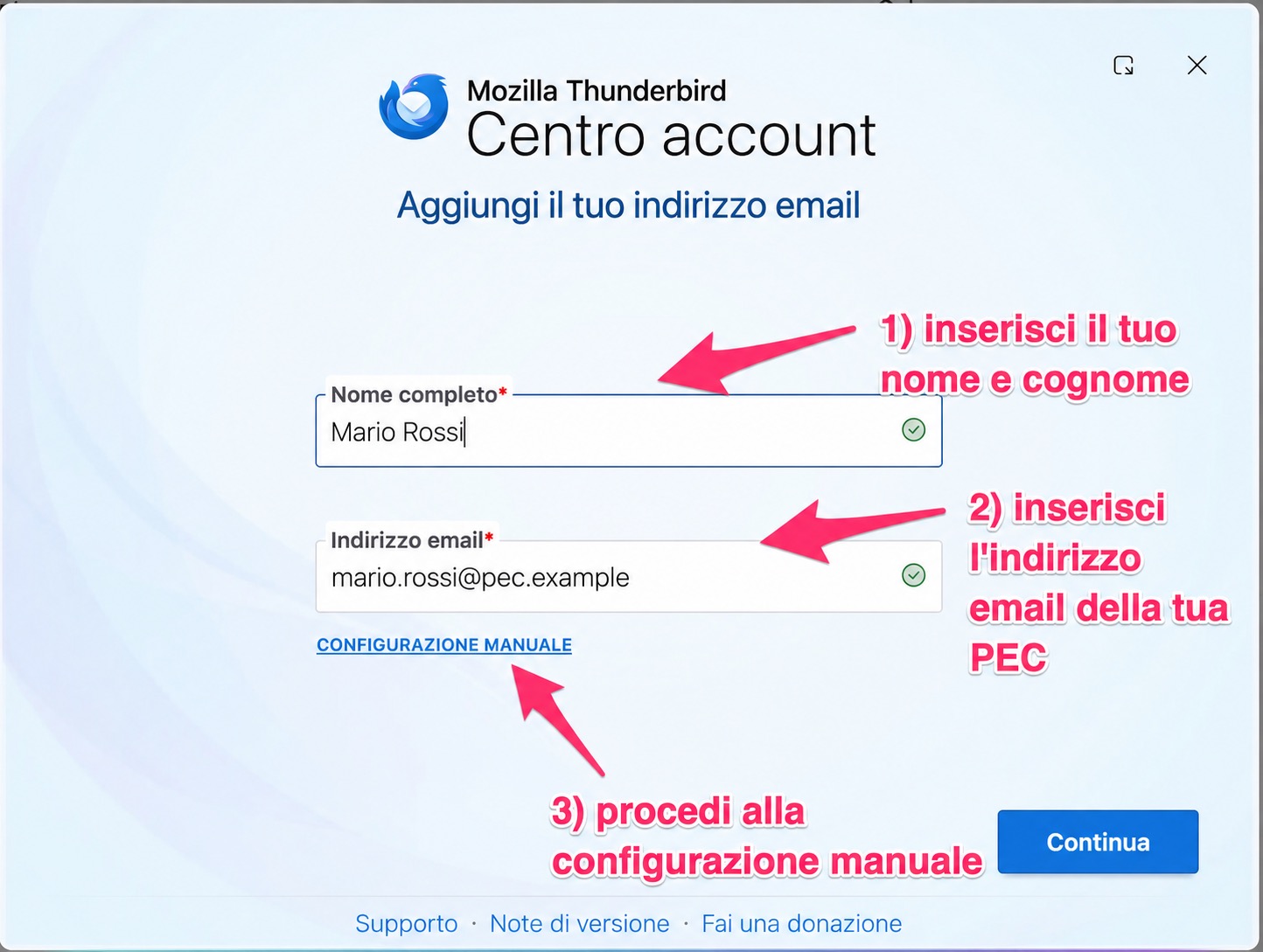 Inserimento di nome e indirizzo PEC in Thunderbird
