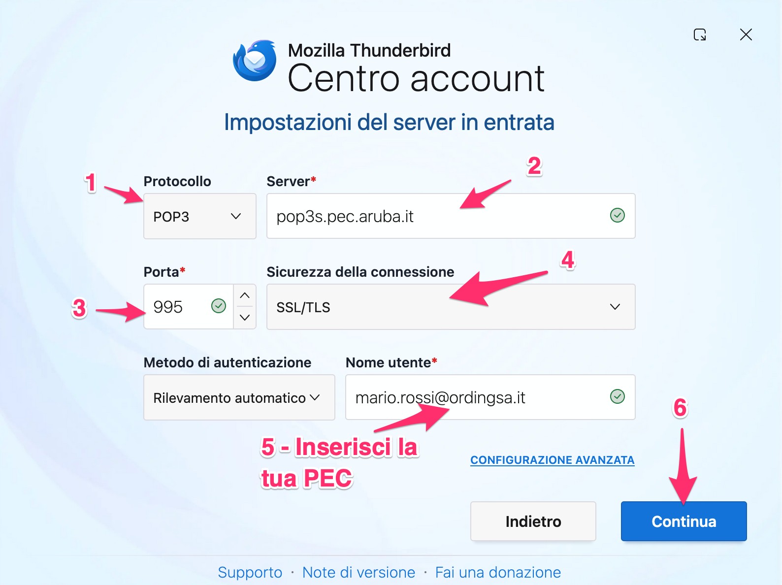 Configurazione manuale del server POP3 in Thunderbird