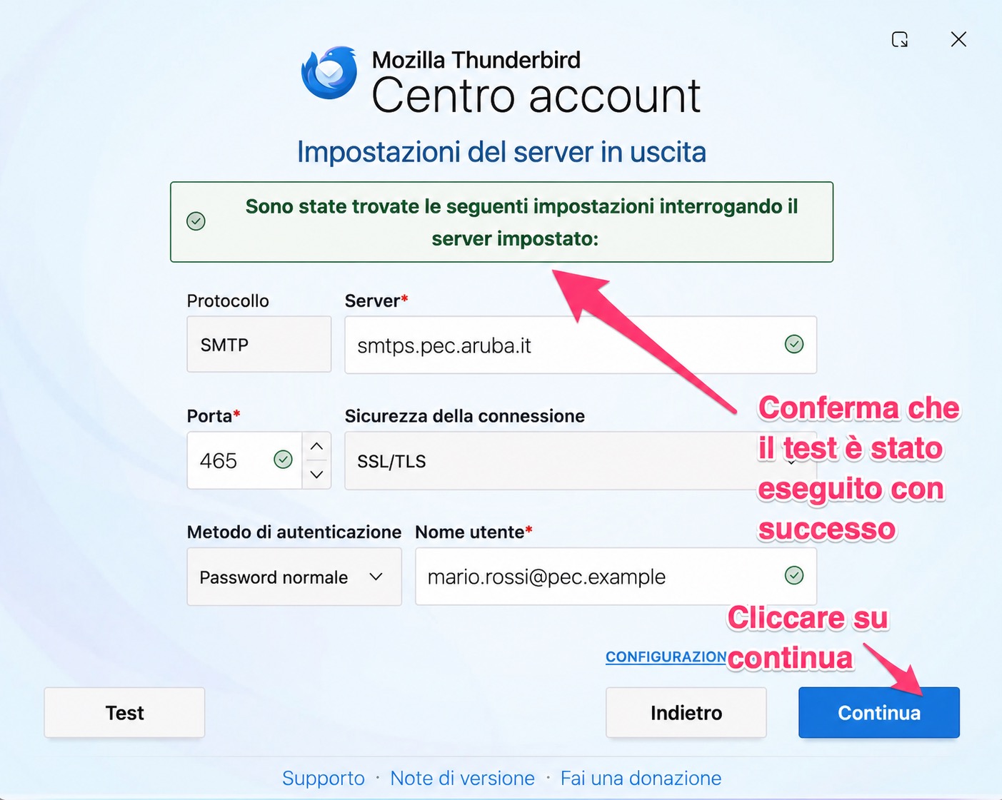 Test della configurazione SMTP in Thunderbird