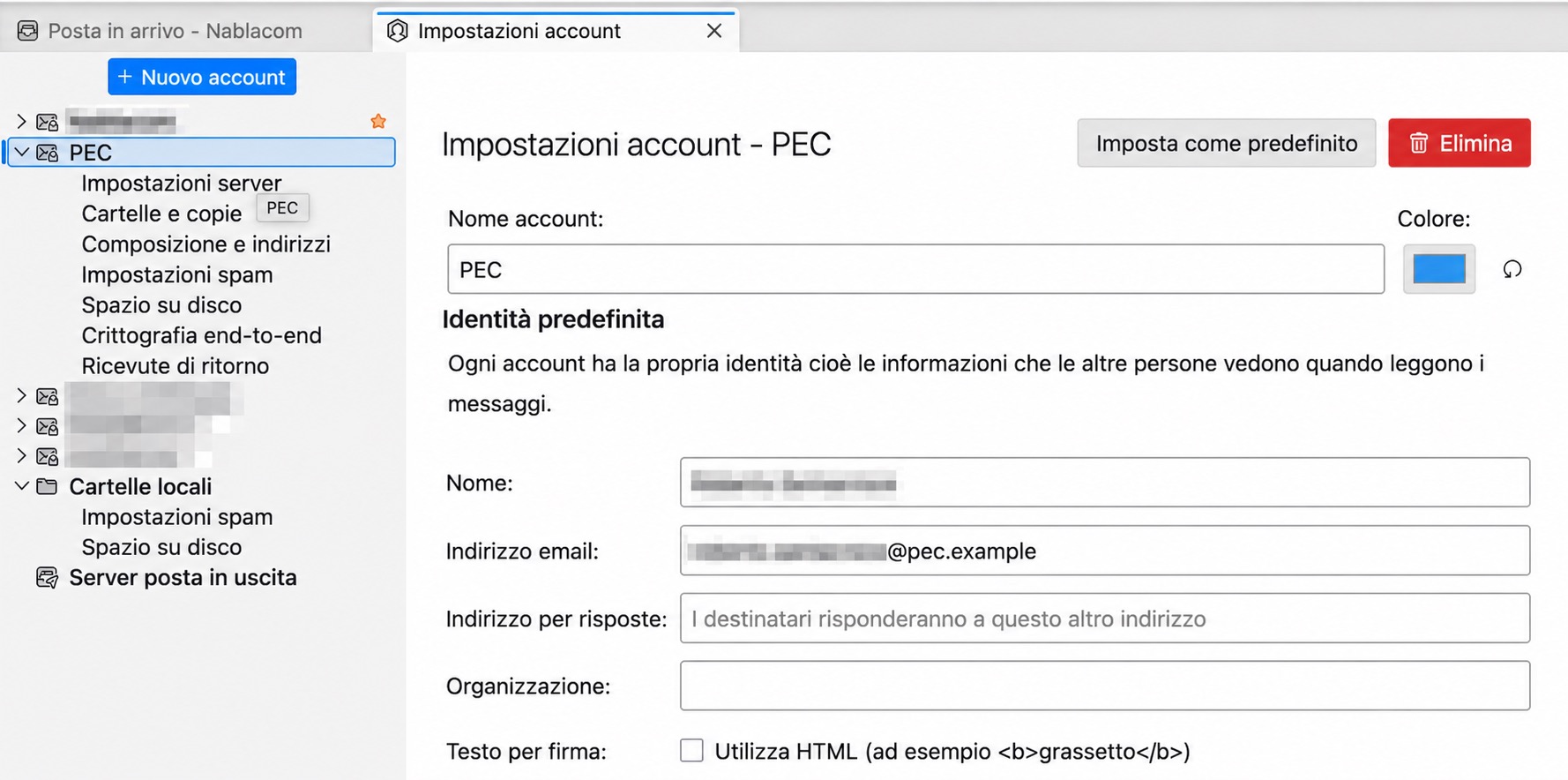 Account PEC configurato in Thunderbird