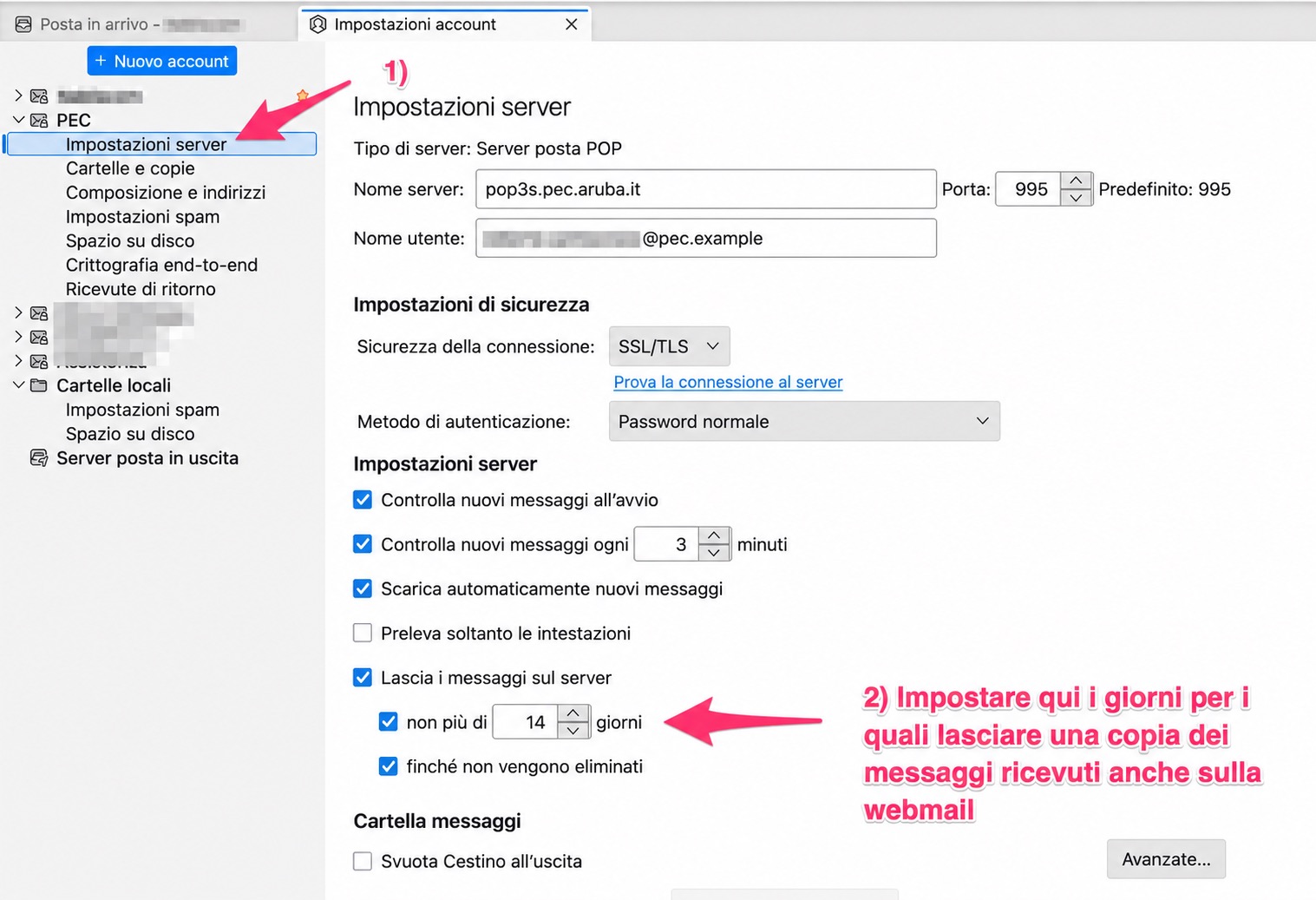 Impostazioni per conservare temporaneamente i messaggi sul server